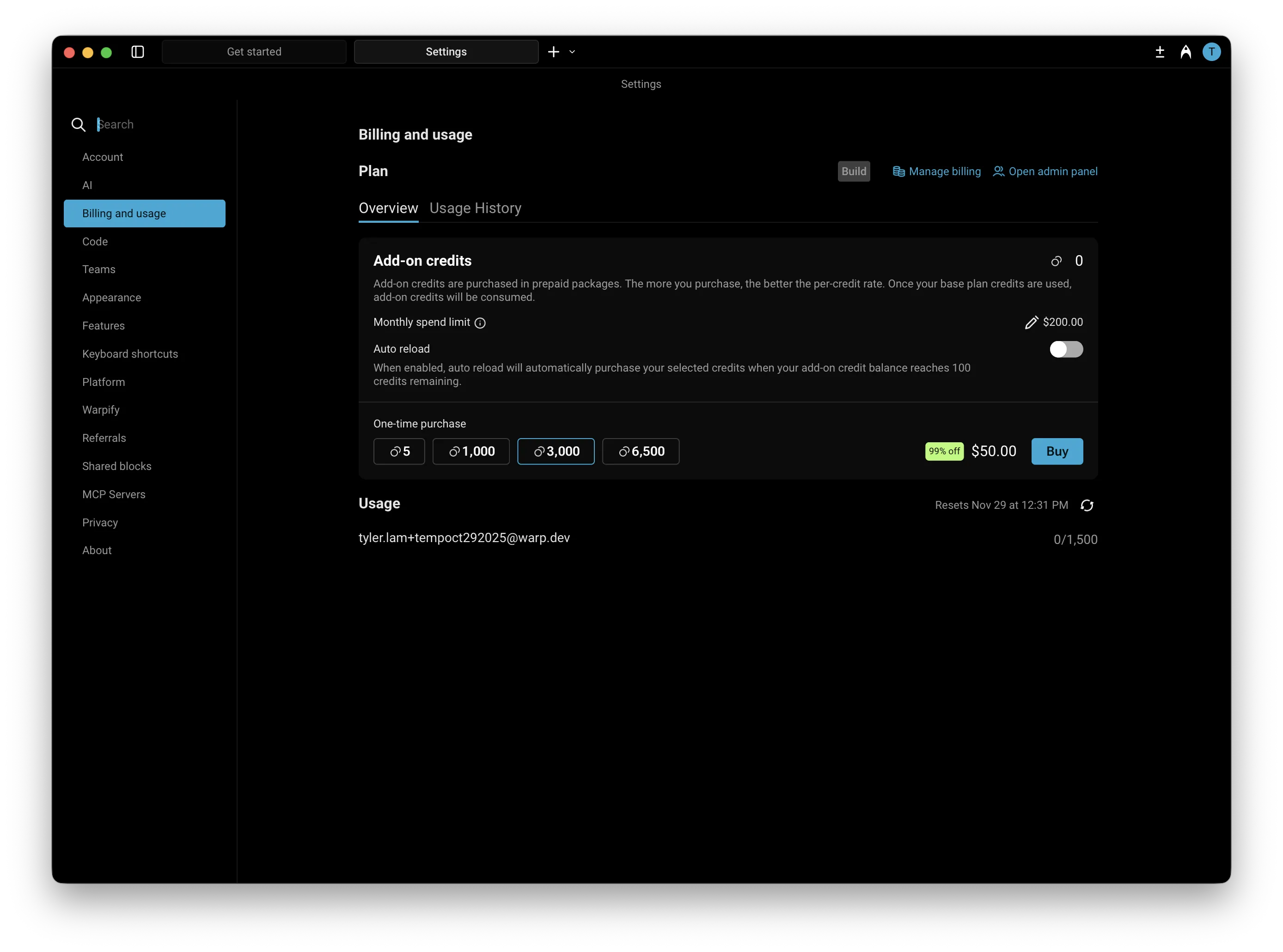 The Add-on credits card in Billing and usage settings, showing the monthly spend limit, the auto reload toggle, and one-time purchase denominations.
